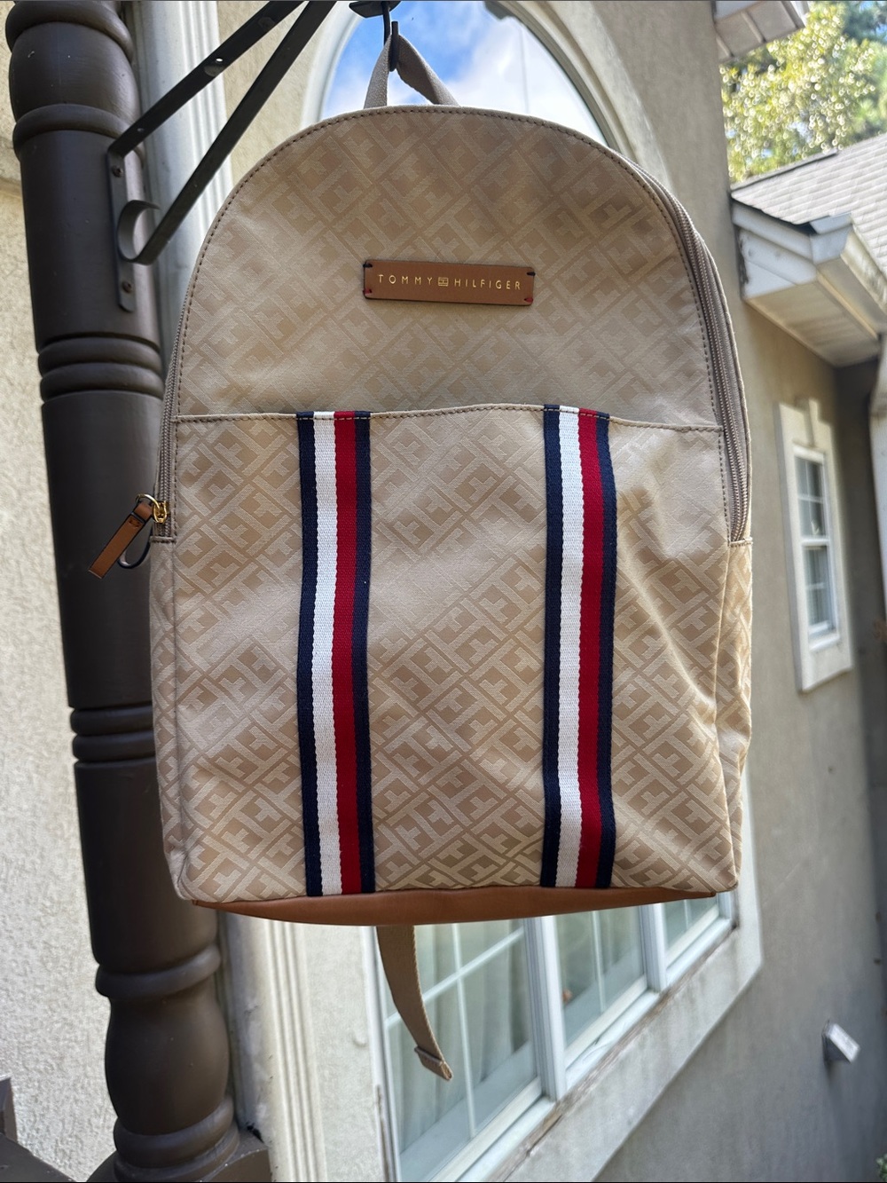 Tommy Hilfiger Beige Logo Backpack with Red-White-Blue Stripes